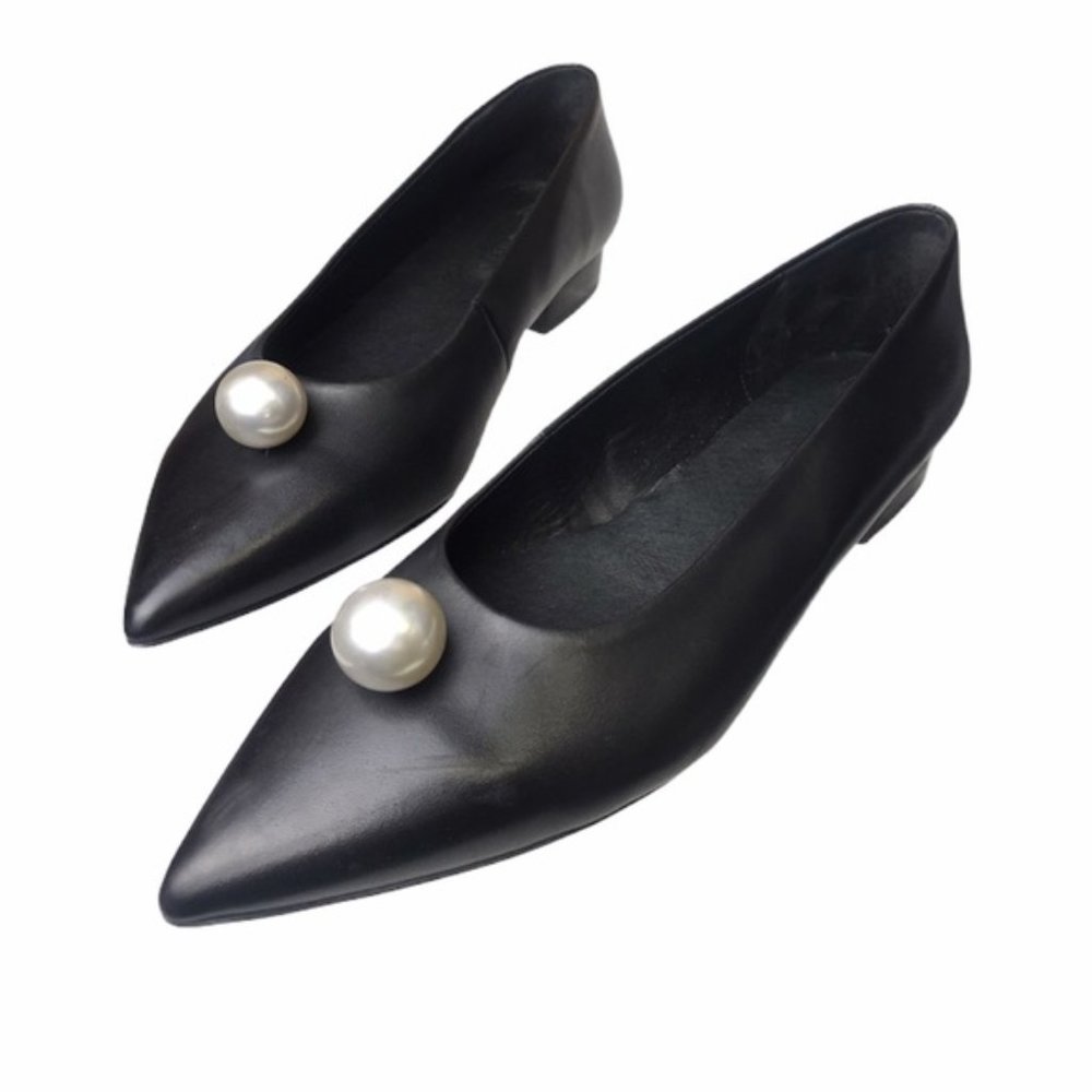 E8 by Miista Black Leather Pointed Pearl Flats